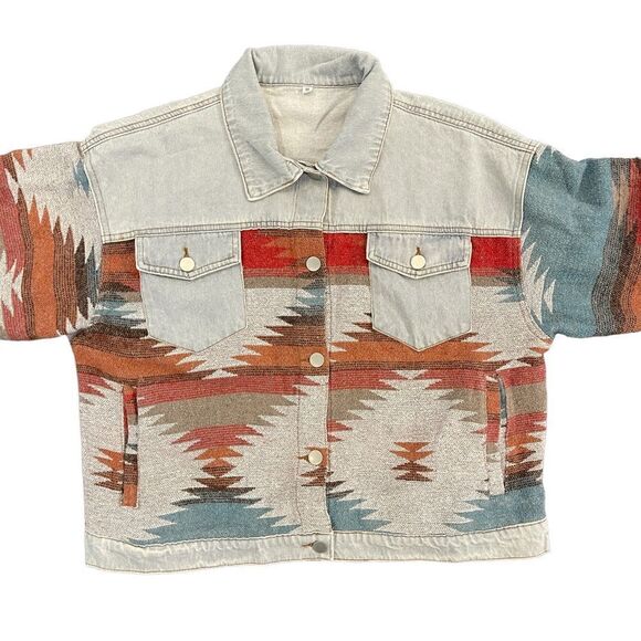 Denim Aztec Jacket Southwestern Light Blue Denim Jacket Crop Coat Women's M NEW - Picture 3 of 12